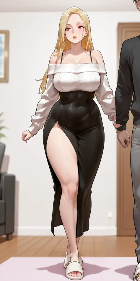 One woman only. An extremely beautiful woman with blonde hair. She has extremely fair white natural skin, red plump lips, big pink eyes, and a slim yet slightly curvy body. She's wearing a sexy revealing black night dress with spaghetti straps, a white swe...