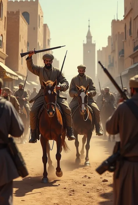 Moroccan men riding horses and carrying guns inside Moroccan cities and fighting French soldiers