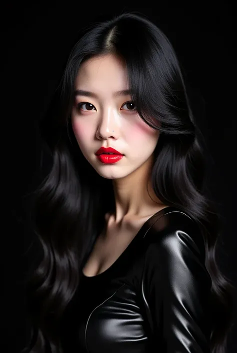 A realistic picture of a realistic K-pop girl with long black hair from an elegant hairstyle, shiny skin, sharp eyes, red puffy lips, light makeup, shiny black clothes, black background, long black nails, elegant photo position 