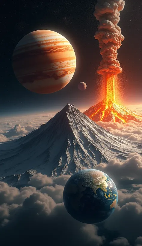 "Realistic representations of planets in the Solar System, each highlighted with a prominent volcano, including Mars, Earth, Jupiter and Venus."