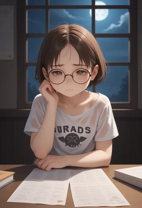 A girl in full stress is sitting at her desk and writing a report with her left hand while preparing for the exam.... with a dark theme, she shows that she imagines "happy scenes" and a speech contest in the clouds. ((the girl is left-handed!)) Cute round ...