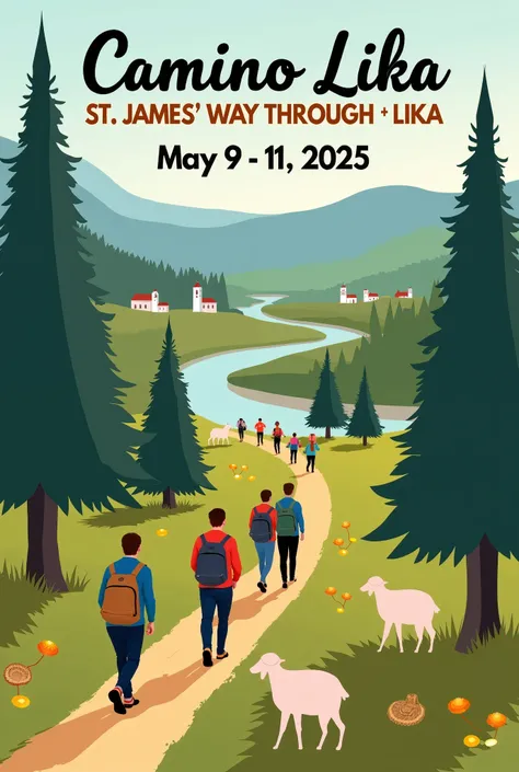 A promotional poster for the Camino Lika pilgrimage, happening from May 9 to 11, 2025. The scene shows a group of pilgrims walking along a forest path, following yellow Camino arrows and the St. James' shell symbol. They wear backpacks and hiking clothes, ...