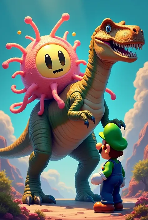 Make an art of Luigi from Super Mario with a cell wanting to ride a dinosaur