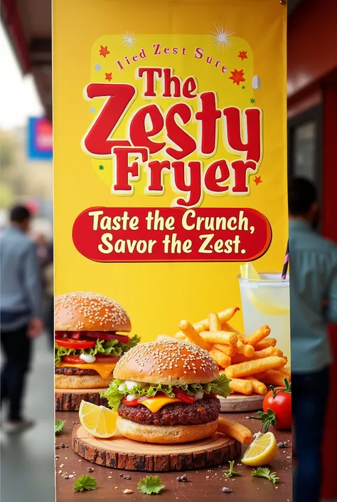 A banner with the business name the zesty fryer and the slogan tast the crunch savor the zest w the business is selling fries with toping mini burger and lemonade 