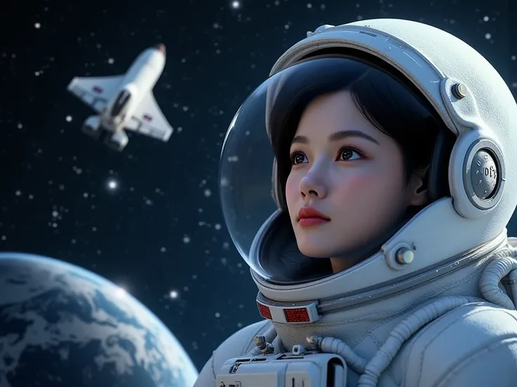 Astronaut wearing full gear,close up face view, floating in space ,planet earth and moon in background, full of stars, magical view ,dark space, space shuttle nearby