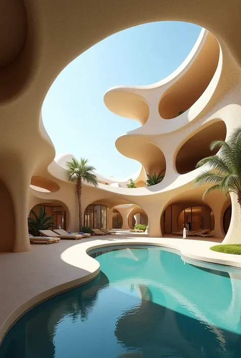 A ren's center inspired by Zaha Hadid's organic designs, combining sand dunes and Arabian oases. A panoramic building with dynamic curves, a perforated exterior resembling quicksand, with roofs overlapping like palm leaves. Geometric skylights distribute n...