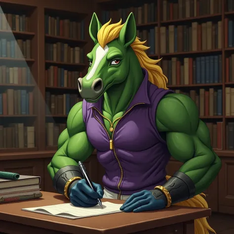 Green muscular horse, a tailless furry jock with a yellow mane in gold bracelets, wearing black boots , in white pants,  in a purple zippered sleeveless sweater, wearing blue gloves, he sits on a stool at a table in the library, writes with a pen on a shee...