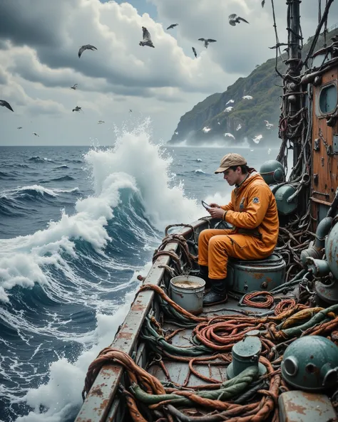 A fishing vessel navigating through turbulent, foamy ocean waves under a dramatic overcast sky. The water crashes dynamically against the boat, creating splashes and movement. On the deck, a young man with short dark hair, wearing an orange waterproof jack...