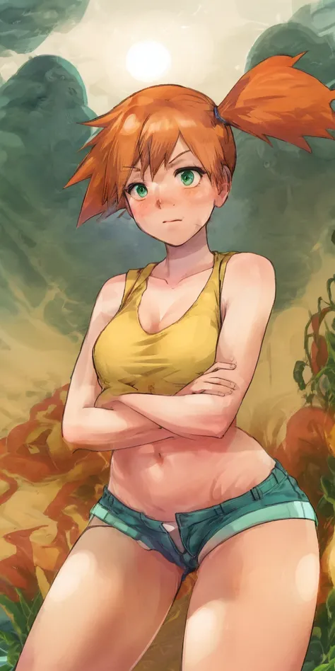 Masterpiece featuring Misty from Pokémon, a 1girl with a curvy figure, orange hair in a side ponytail, and perfect green eyes. She stands confidently with crossed arms, showcasing her thighs, while overlooking a city. With a smug expression and a blush, sh...