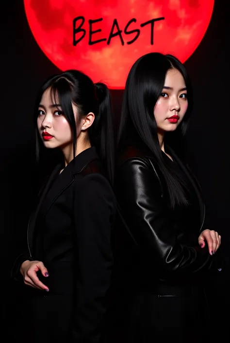 A realistic picture of four K-pop girls. The first is short hair, shiny skin, sharp eyes, shiny black clothes, the other is long hair, a horse tail, fair skin, wide eyes, light makeup, long black hair, white skin, wide eyes, light makeup, shiny black cloth...