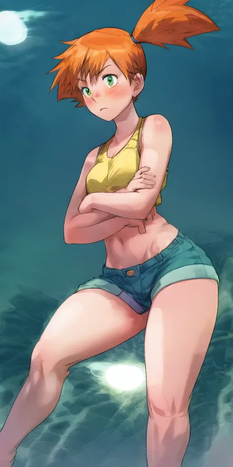 Masterpiece featuring Misty from Pokémon, a 1girl with a curvy figure, orange hair in a side ponytail, and perfect green eyes. She stands confidently with crossed arms, showcasing her thighs, while overlooking a city. With a smug expression and a blush, sh...