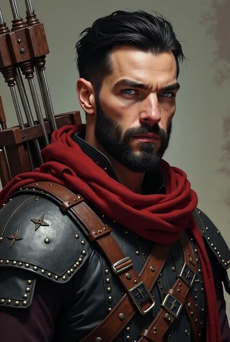 A portrait of a man. Slim but muscular with square jaw. Black, short, slicked back hair. Black short beard. Small scar on his cheak. Blue eyes. Light skin. Wearing medieval studded leather jacket and red scarf. Medieval crossbow on his back.