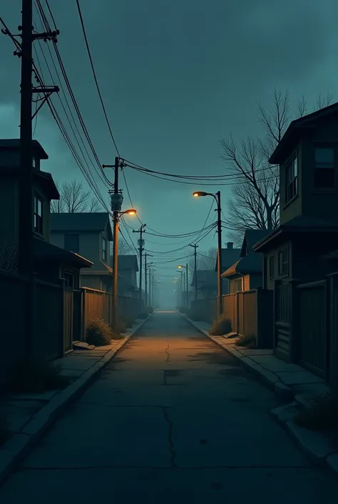 Plan large en dessin animé 2D, d'une rue sombre, presque désertée, avec une lumière tamisée, transitionnant vers un banlieue, format 16:9