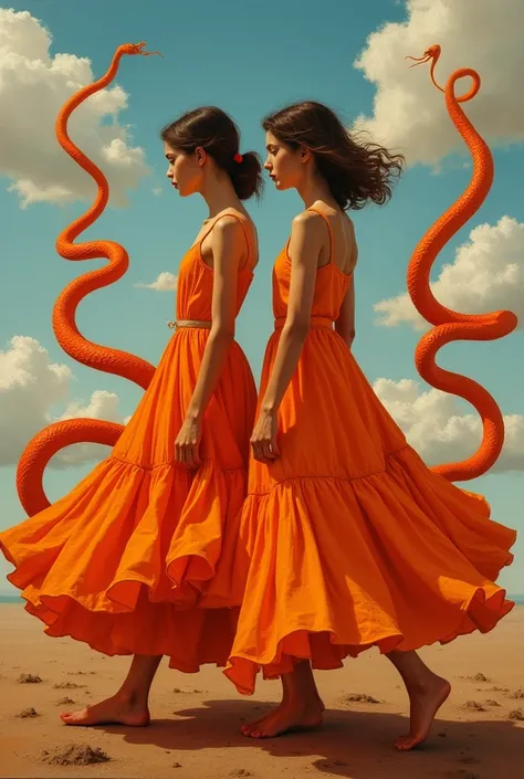  An oil painting of two full girls wearing a simple dress around them snakes in strong orange colors and the corresponding colors why and the text above still has a sky 