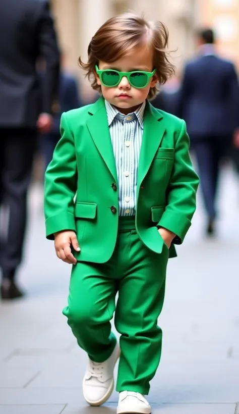 The image shows a stylish baby walking down the street with a sophisticated look. He is wearing a vibrant green suit, consisting of a well-fitted blazer and matching pants. The white striped shirt and the absence of a tie give a modern touch to the outfit....