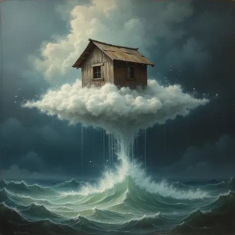 surreal and abstract painting of a wooden hut floating on a cloud over a stormy sea, the cloud is held afloat by a powerful water beam, classic art, dreamy, surreal, photorealistic, magical, symmetry, esoteric, symbolism