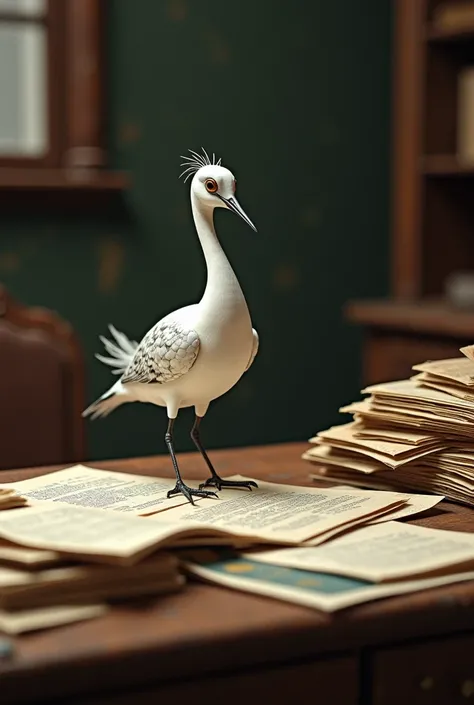 A bird works on an old desk with paper files to write on them and looks very elegant 