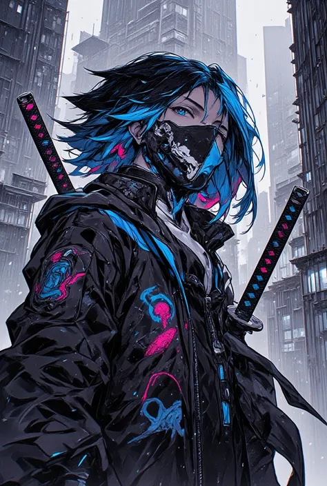 1 girl,cyberpunk,mask, full color hair,(streetwear:1.3), Yakuza jacket,katana,cyborg,(low view), dynamic angle,rain, looking at sky,hazy cityscape, Sharp focus, dynamic angle,HD,