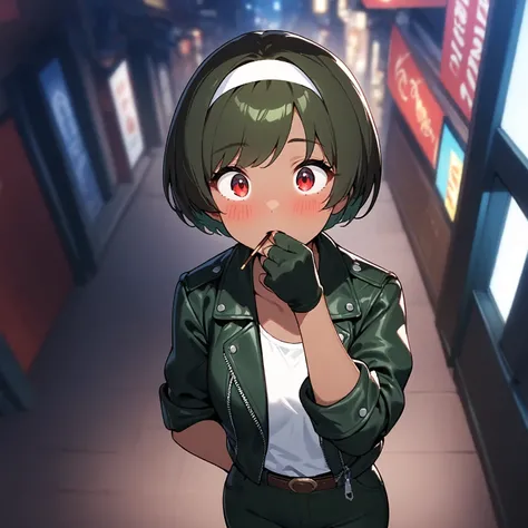 From above, 1 girl, holding pocky in mouth, food, alone, dark hair, brown skin, short cut, looking at viewer, surprised expression, red eyes, blushing, dressed in ((dark green leather jacket with rolled up sleeves)), open jacket, dark green fingerless glov...