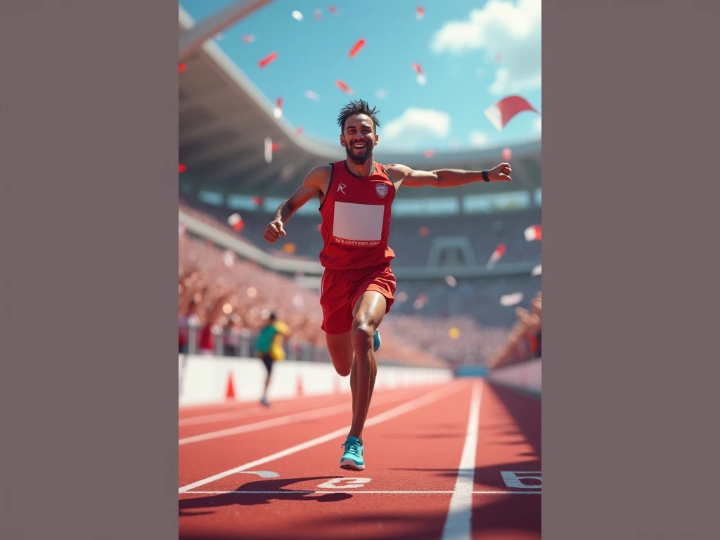 A man running across the finish line, With a ribbon busting around the chest happy with the achievement