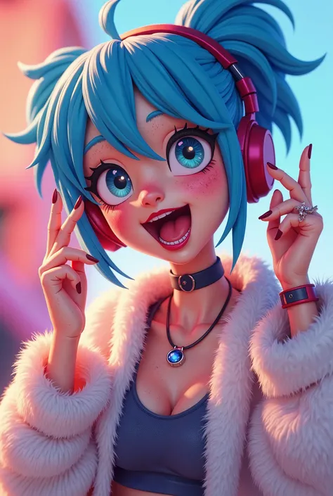 Cartoon style girl 3d blue hair blue eyes, Sitting with vibrant blue hair styled in two tails,  sparkling blue eyes that seem to glow with mischief .  Clear skin with a hint of freckles on the nose and cheeks .  Full lips stretched out in an inviting smile...