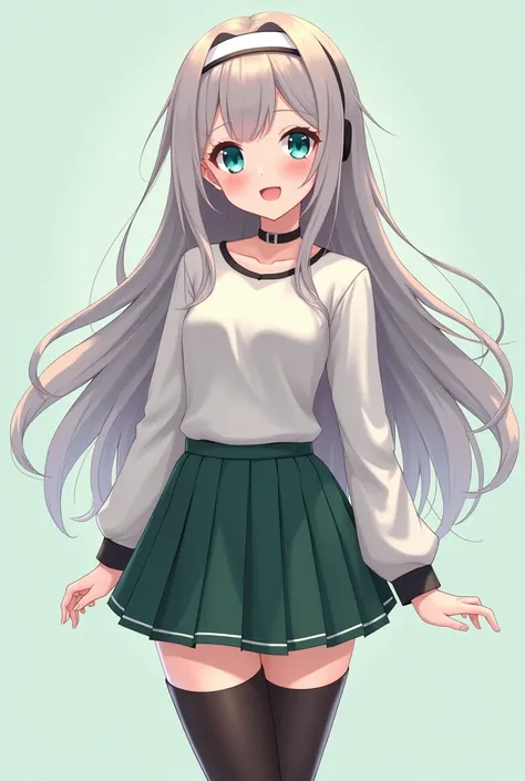 smiling anime girl with long but not very ashy hair with a headband, short dark green pleated skirt (not a pencil skirt ) with black stockings with a lift and full-length turquoise eyes with large breasts, buttocks and thighs (for 3d model, please don't ov...