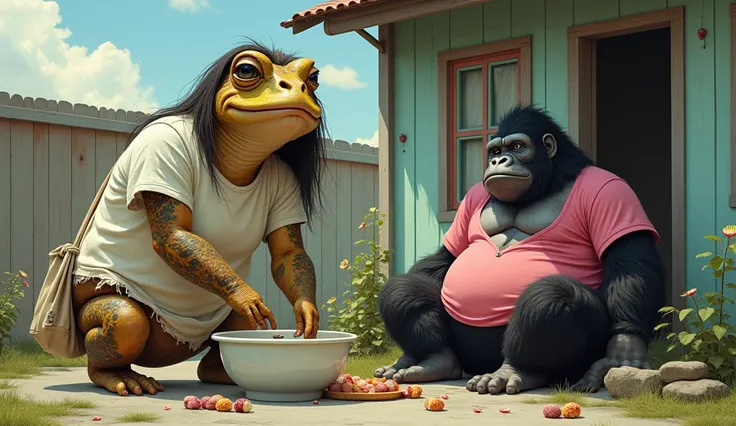 A female long-haired toad in a torn T-shirt, put on a cloth bag, is washing dishes next to the house, with King Kong in a pink shirt, black pants eating sweets and sitting in comfort.