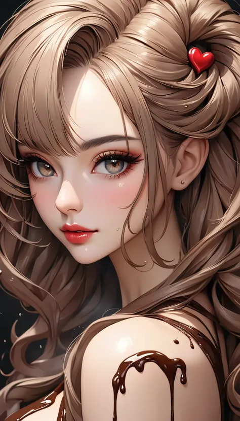 Ultra high resolution illustration, beautiful adult woman\sheep girl\, wet with melted and dripping chocolate, with the sheep that words "Happy Valentine's Day" {x} ((tattooed all over her body)), seamless melted, beautifully detailed shot, hair like sheep...