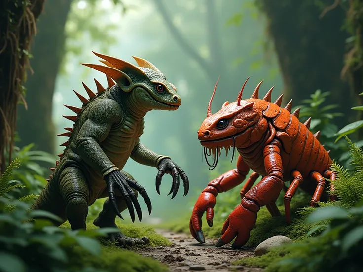 humanoid reptilian creature in a forest next to a humanoid lobster 