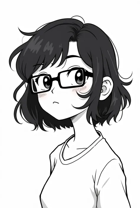 Draw a 20 age girl with black hair medium length wolfcut hairstyle outline drawing of girl with square glasses 