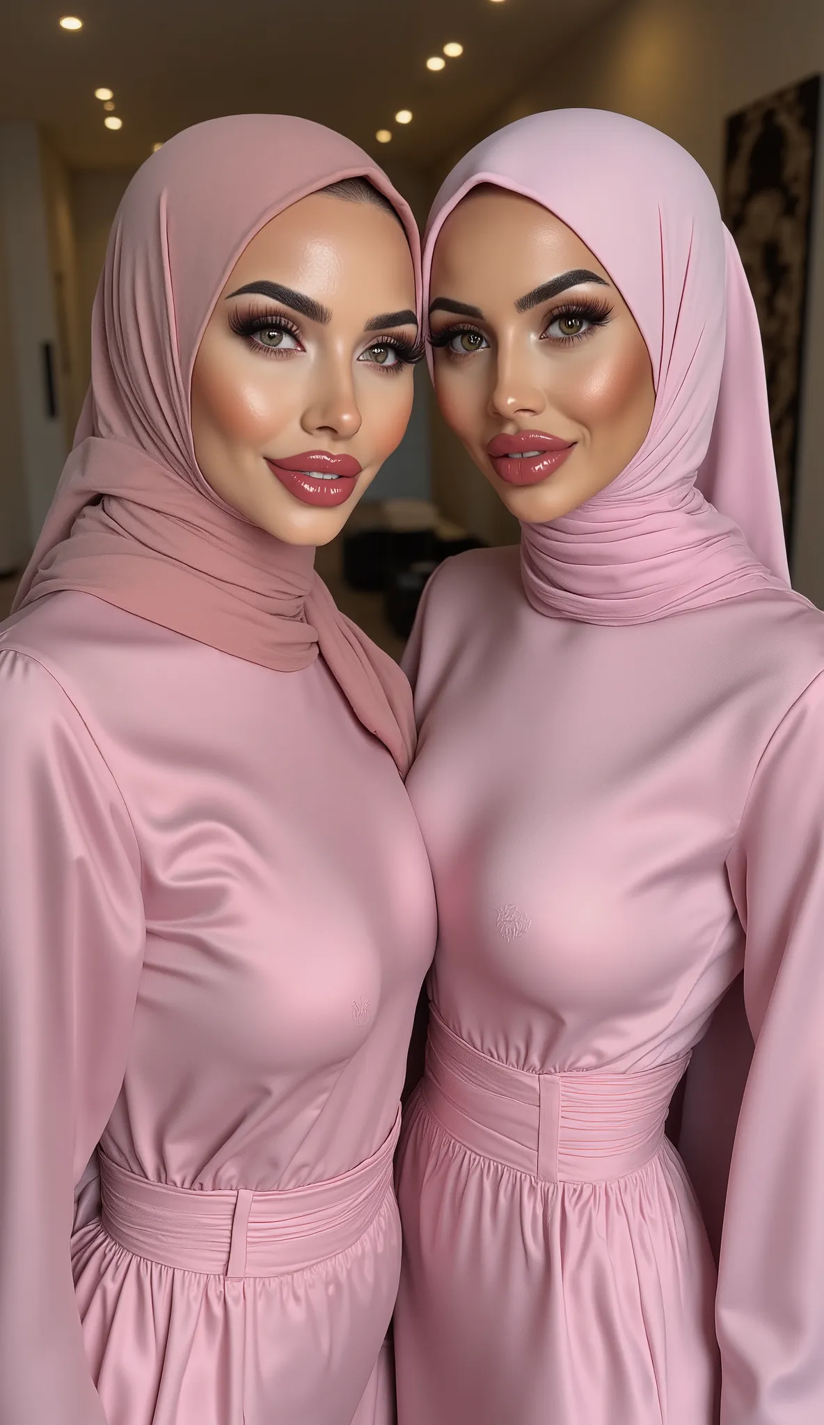 (Ultra-realistic), (high resolution), ((((upperbody view)))), two beautiful Arab women, beautiful face, instgram model, alluring beauty, red lipstick, full make-up, ((wearing stylish hijab)), ((huge breasts)), ((big breasts)), ((wearing pink jumpsuits)), s...