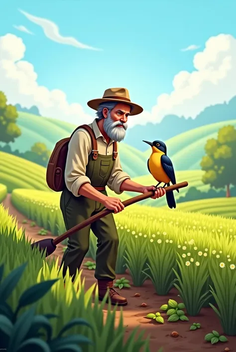 draw a farmer in a field with a cuckoo 