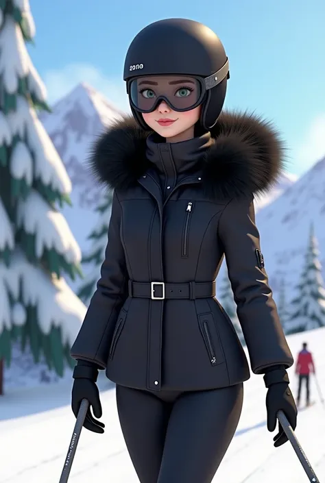 Woman 30, long black hair, wearing black short belted skiing jacket with black hood attached with black fur trim. Black matching skiing pants. Black helmet and goggles. Skiing at Colorado ski slope. 

Pixar Disney Cartoon Animation Character 