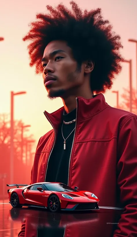 (One Asian male vocalist, Bradio, Afro hair, red jacket and black shirt), (high quality, 8k Ultra HD realistic, 8k photo realistic), (A beautiful double exposure that combines an Afro hair silhouette with Shuto Expressway and red sports car, clear lines, T...