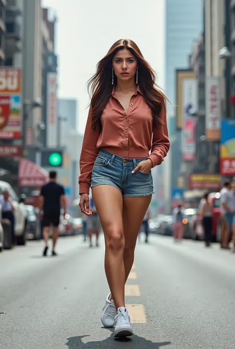 Mahira khan,  m1cr0sh0rts, walking on road, sneakers