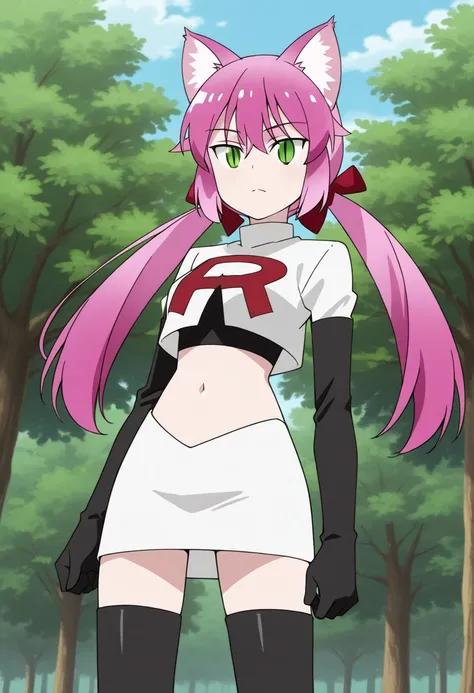 masterpiece, best quality,
1girl, solo, green eyes, pink hair, long hair, twintails, animal ear fluff, cat ears, slit pupils
outdoor, sky, tree, team rocket,team rocket uniform,white skirt,red letter R,crop top,black thigh-highs,black elbow gloves