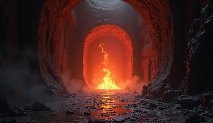 A long tunnel from which the rays of the fire of hell are seen