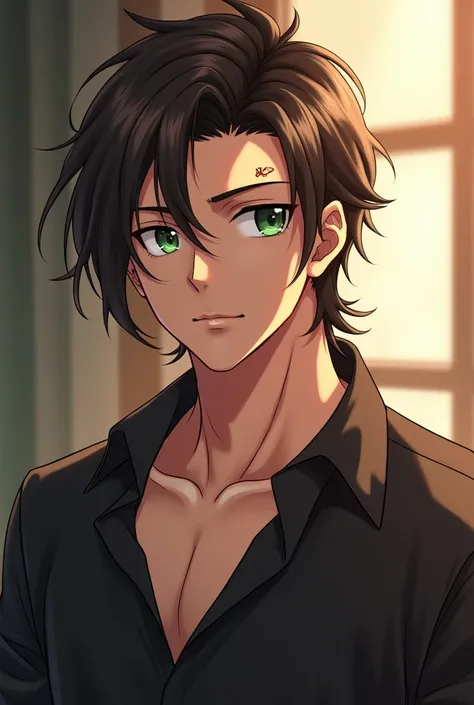 create anime pictures A handsome young man with dark brown hair, shoulder-length, green eyes, and a muscular figure worthy of a bodyguard. There is a small scar on the left eyebrow.