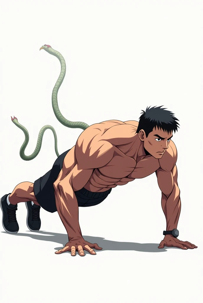  drawing of a man doing a push-up on a white background,  flat breasted ,  upper body , solo  upper body , ¡ upper body !,  chest upwards , human lower half ,  snake,  upper body  completa, imagen de la  upper body ,  wide shoulders ,  training , high ches...