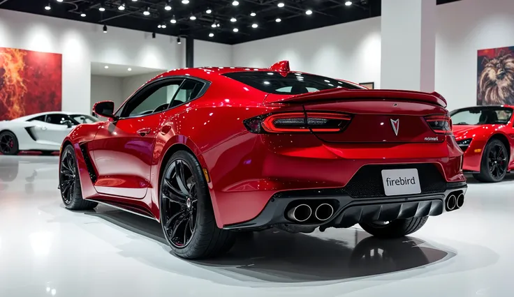 Back view of painted Crimson Red with clour 2025 Pontiac firebird sleek in large shape sedan in large size with Pontiac logo on its large detailed grille in shiny white clour with angular sporty design captured from close back view with modified sleek head...