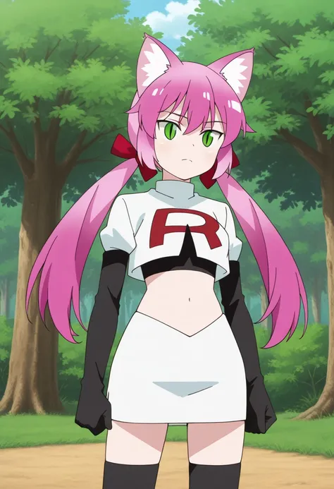 masterpiece, best quality,
1girl, solo, green eyes, pink hair, long hair, twintails, animal ear fluff, cat ears, slit pupils
outdoor, sky, tree, team rocket,team rocket uniform,white skirt,red letter R,crop top,black thigh-highs,black elbow gloves, cowboy ...