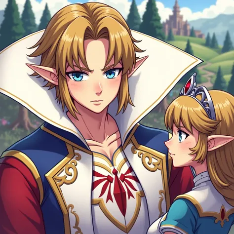 Anime Ocarina of time Emperor Link wearing a Massive popped collar polo with a collar so high it's taller than his head he's with Princess Zelda