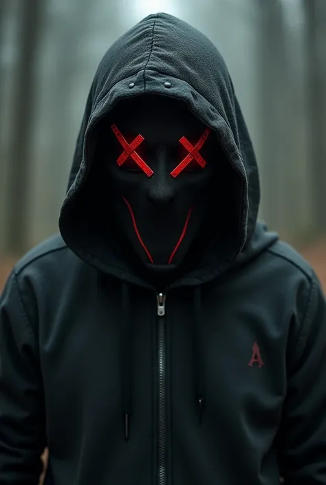 Man in a hoodie wearing a hoodie, black mask covering the face with red details 