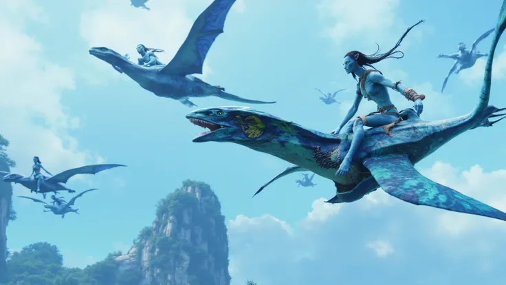 Neytiri rides an ikran through the sky, performing acrobatic maneuvers, as the sky is filled with other Na'vi warriors practicing their flight.