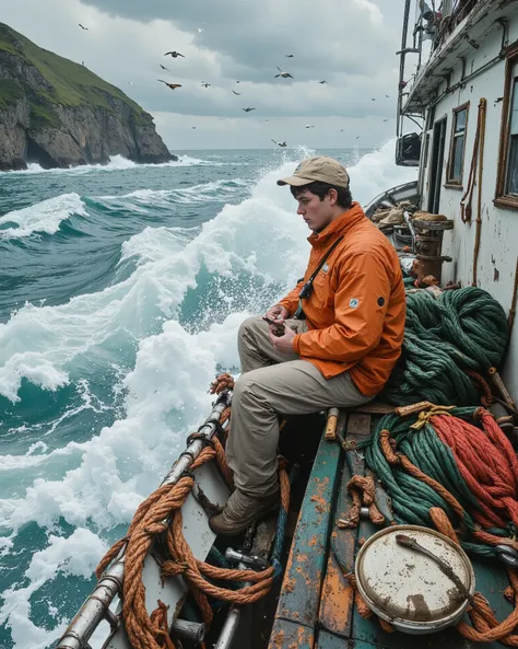 A fishing vessel navigating through turbulent, foamy ocean waves under a dramatic overcast sky. The water crashes dynamically against the boat, creating splashes and movement. On the deck, a young man with short dark hair, wearing an orange waterproof jack...