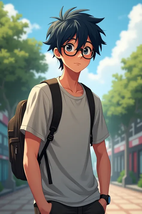 a high school student (age 18) with dark bluish black hairs ,a black wrist watch, wear specs of black coloured thin frame. A cheerful, funny guy always stays energetic but sometimes the laziest one .His hairs are a bit messy ,He's a tall gay (5.11 feet) gu...