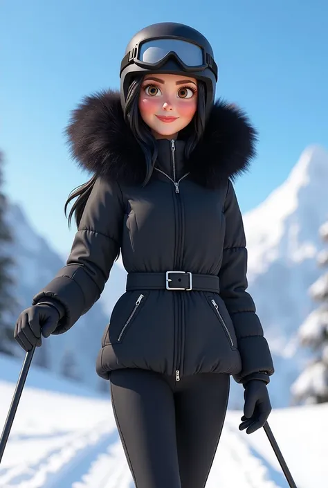 Woman 30, long black hair, wearing black short belted skiing jacket with black hood attached with black fur trim. Black matching skiing pants. Black helmet and goggles. Skiing at Colorado ski slope. 

Pixar Disney Cartoon Animation Character 