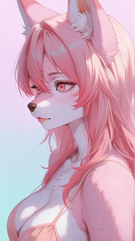 closeup, furry, pink eyes、dark pink hair, furry girl, snout, ears, wolfy furry fox (light color:1.4)GBF_style、748cmstyle、32K、 is present、Artistic、 professional lighting、 super detailed depiction of a white string、Artwork, long hair, flowy hair、Original Wor...