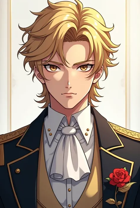 create anime pictures A handsome young man with wavy blonde hair and light brown eyes. His body was proportionate, he looked arrogant, and he was elegantly dressed like an aristocrat.