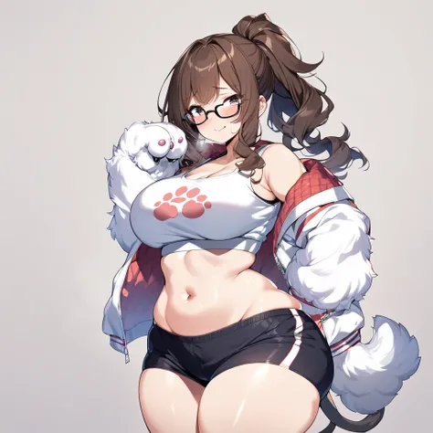 Anime, 1 girl, curvy beauty, fluffy hair, side-layered hair, brunette, curvy body, sports bra (((paw imprint))), jacket, short shorts, glasses, tail, shy Smile 